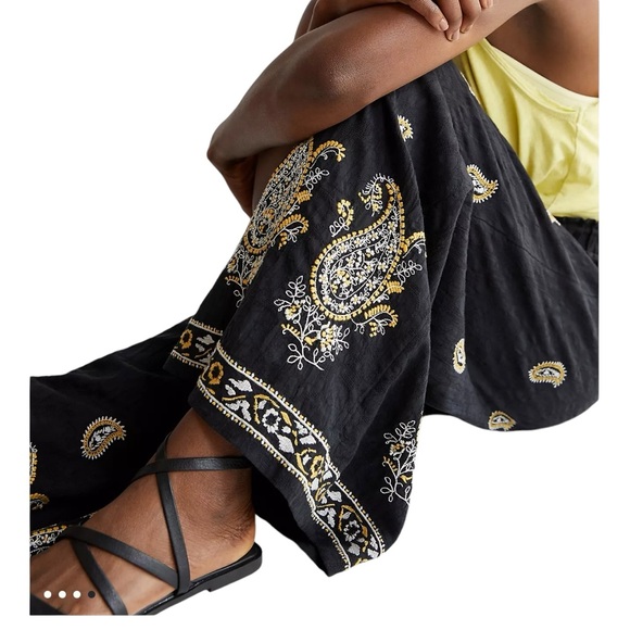 Anthropologie Smocked Wide-Leg High-Rise Embroidered Pants 100% Cotton Women's M - Picture 6 of 16